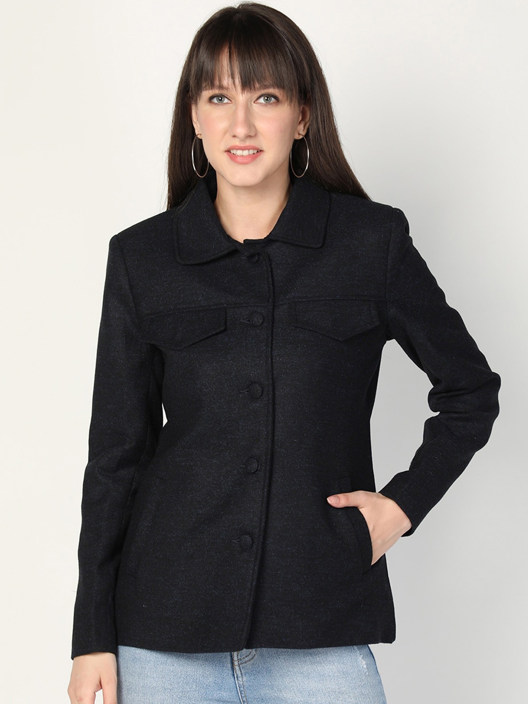 

HONNETE Women Navy-Blue Textured Trench Coat