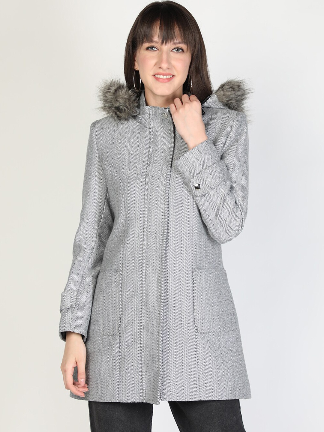 

HONNETE Women Grey Self-Design Trench Coat