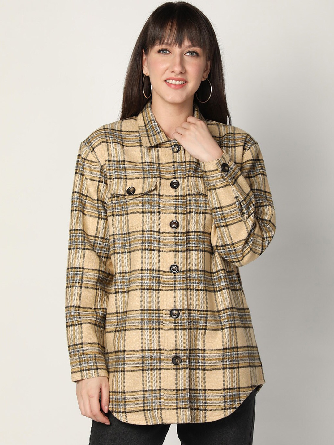 

HONNETE Women Beige Black Checked Acrylic Longline Shackets