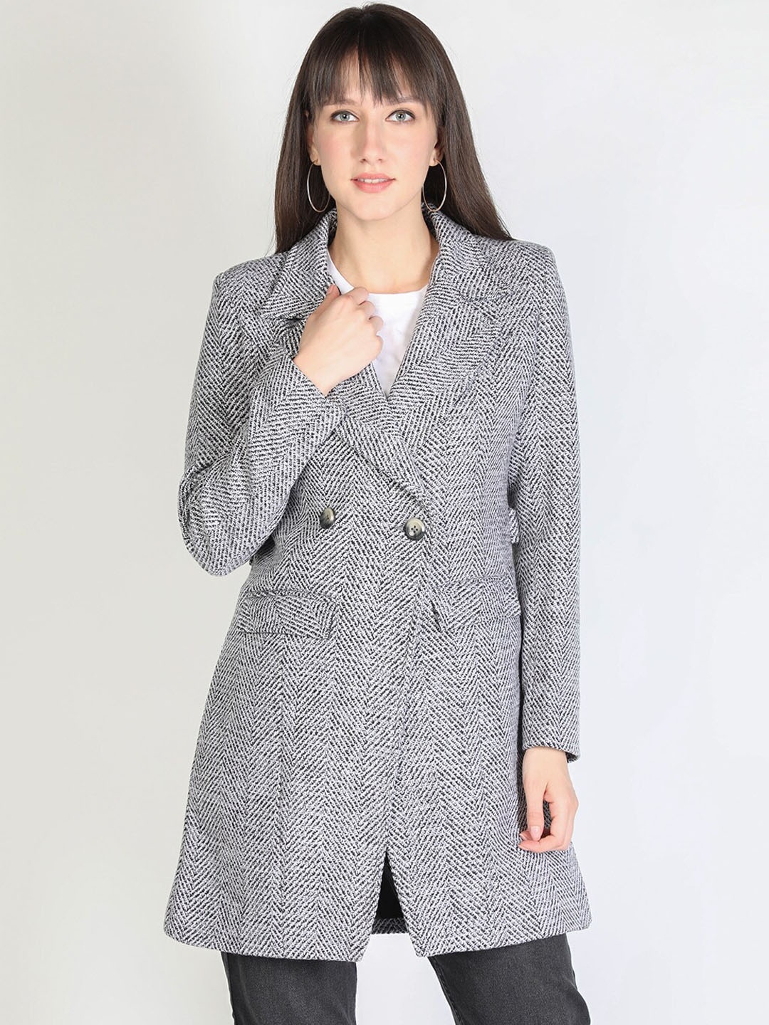 

HONNETE Women Grey & White Striped Trench Coats