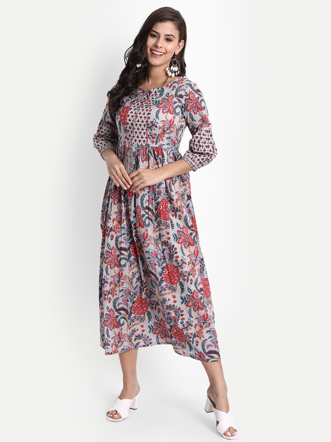 

githaan Grey Floral Tie-Up Neck A-Line Midi Dress