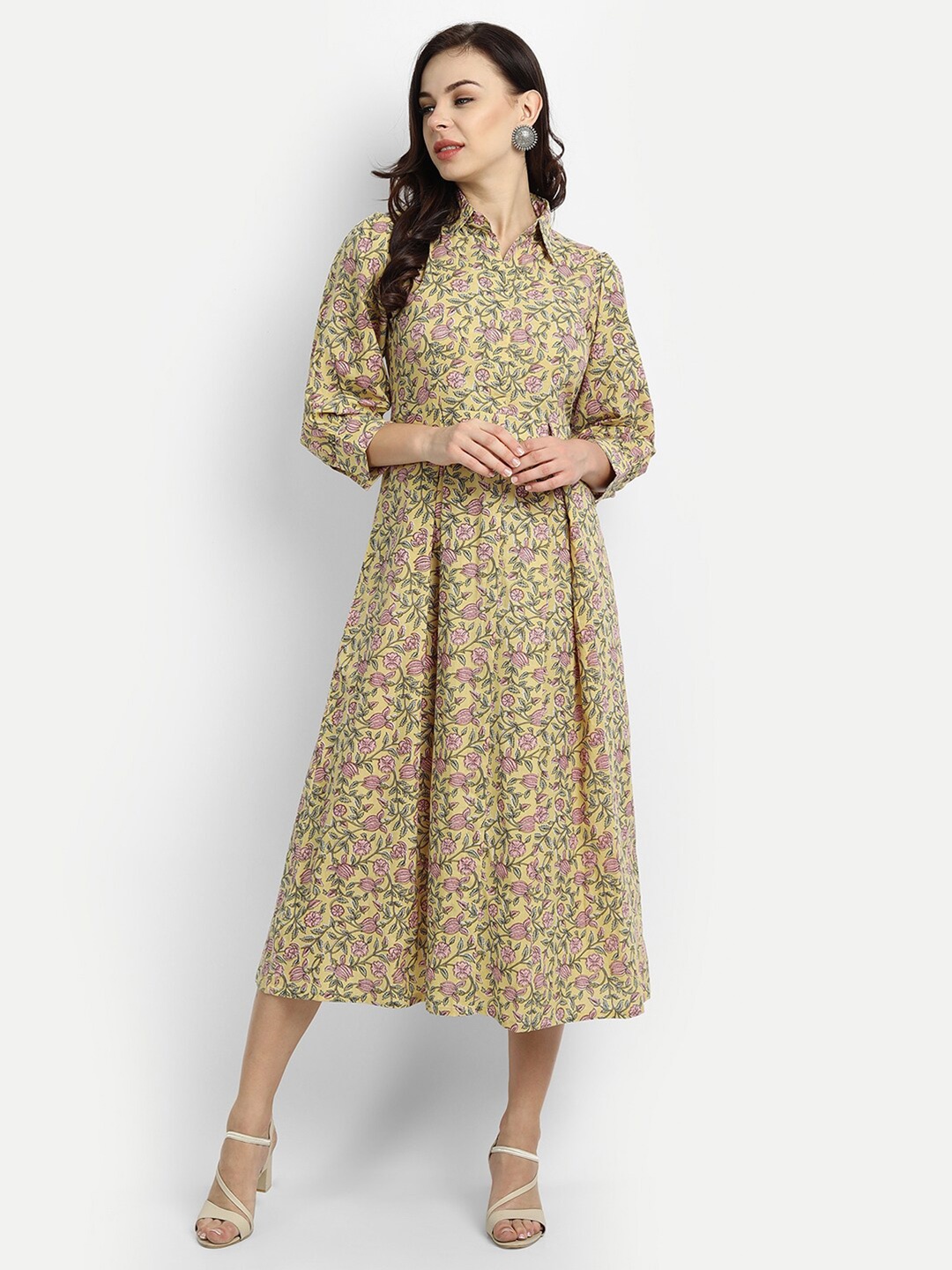 

githaan Yellow Floral Shirt Midi Dress