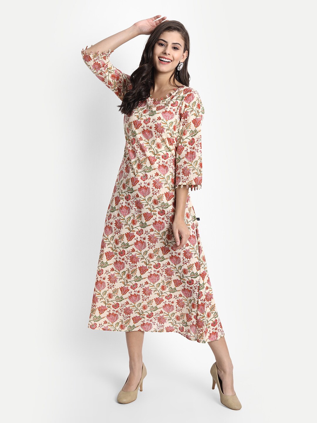 

githaan Off White Floral A-Line Midi Dress