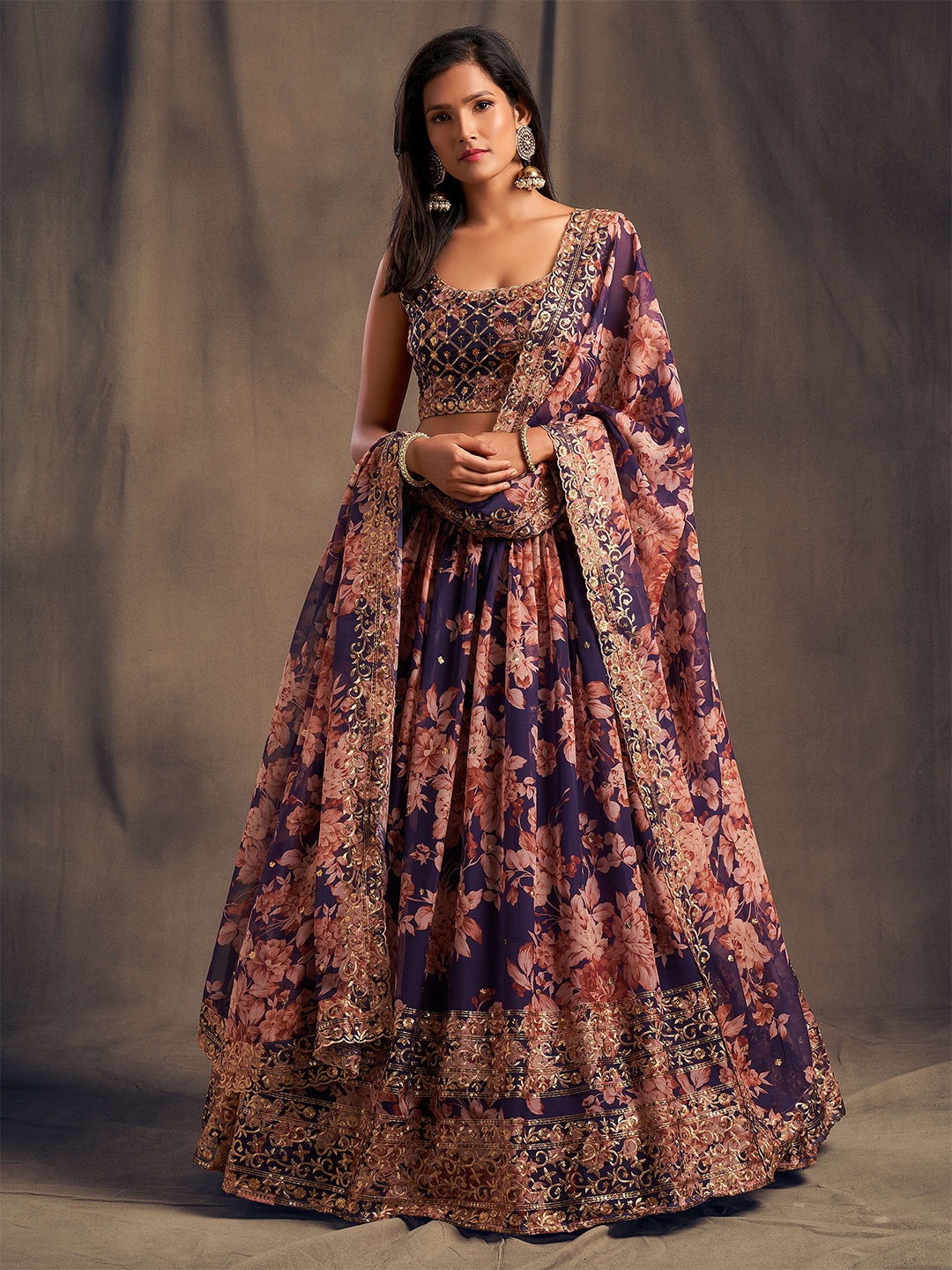 

FABPIXEL Purple & Pink Embroidered Sequinned Shibori Semi-Stitched Lehenga & Unstitched Blouse With Dupatta