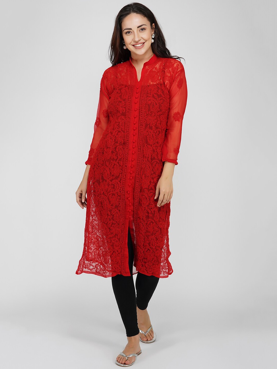 

VAHSON Women Red & blood Ethnic Motifs Thread Work Handloom Georgette Kurta