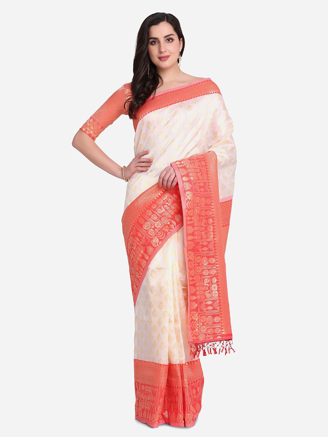 

Atsevam Red & White Woven Design Zari Silk Blend Half and Half Saree