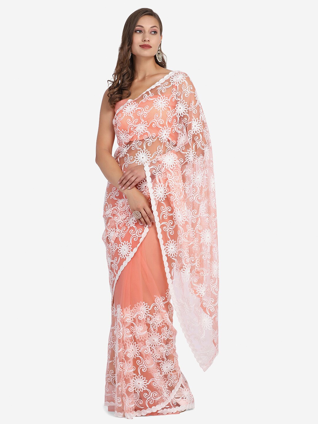 

Atsevam Peach-Coloured & White Woven Design Embroidered Net Fusion Saree