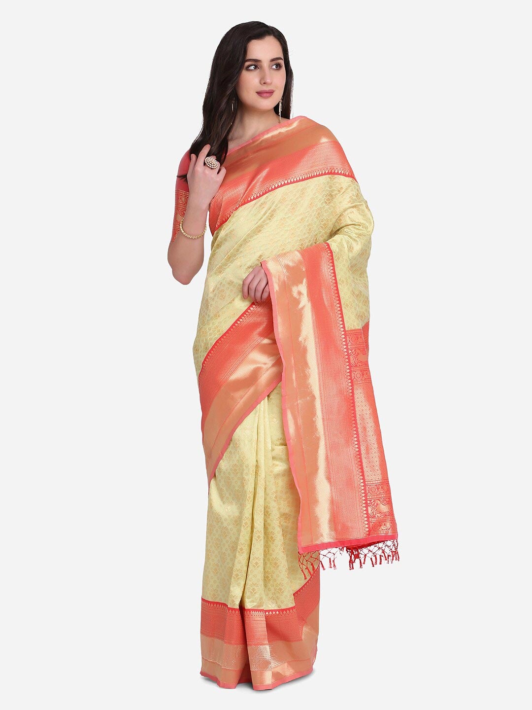 

Atsevam Red & Off White Woven Design Zari Silk Blend Half and Half Saree