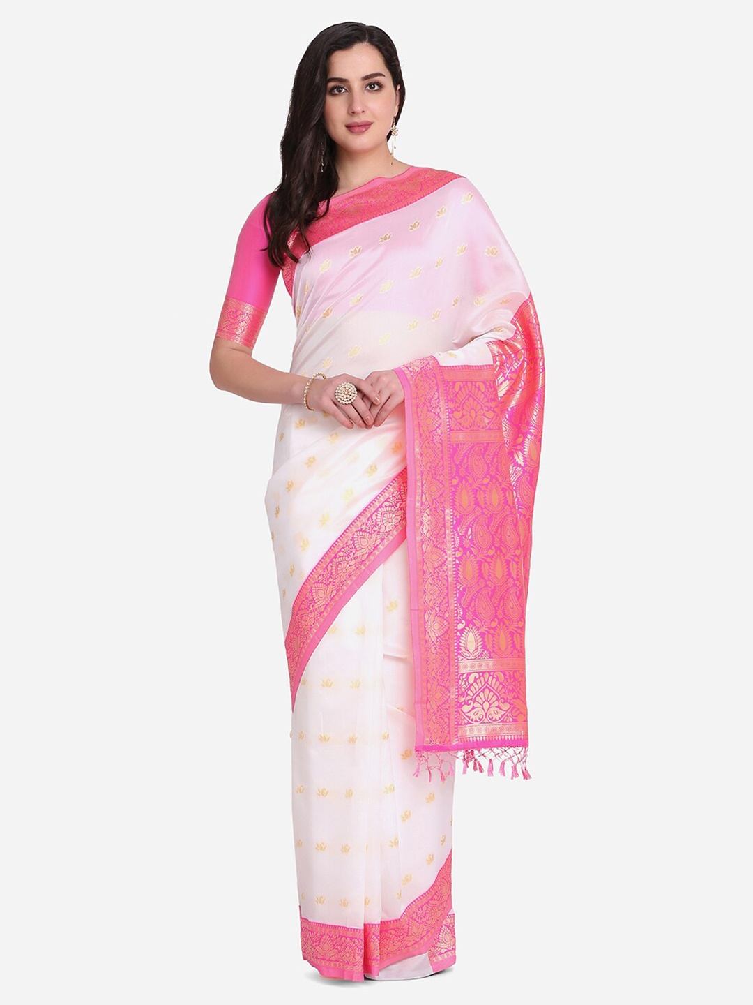 

Atsevam Pink & White Woven Design Zari Silk Blend Half and Half Saree