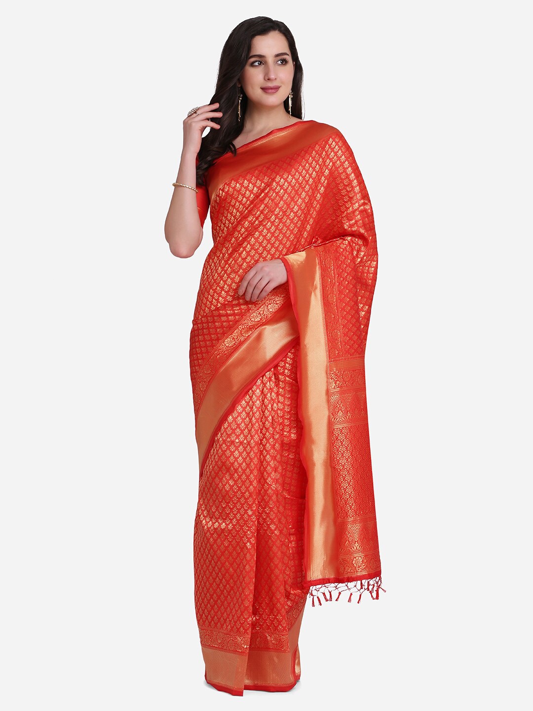 

Atsevam Red & Gold-Toned Woven Design Zari Silk Blend Half and Half Saree