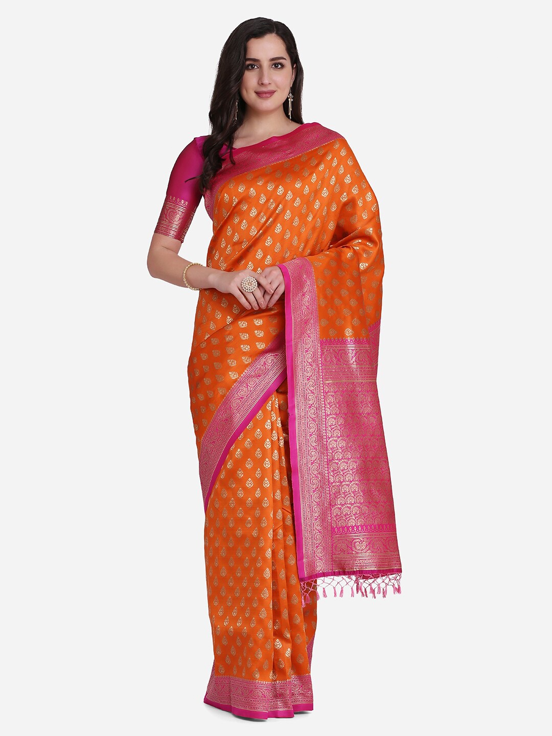 

Atsevam Orange & Pink Woven Design Zari Silk Blend Half and Half Saree