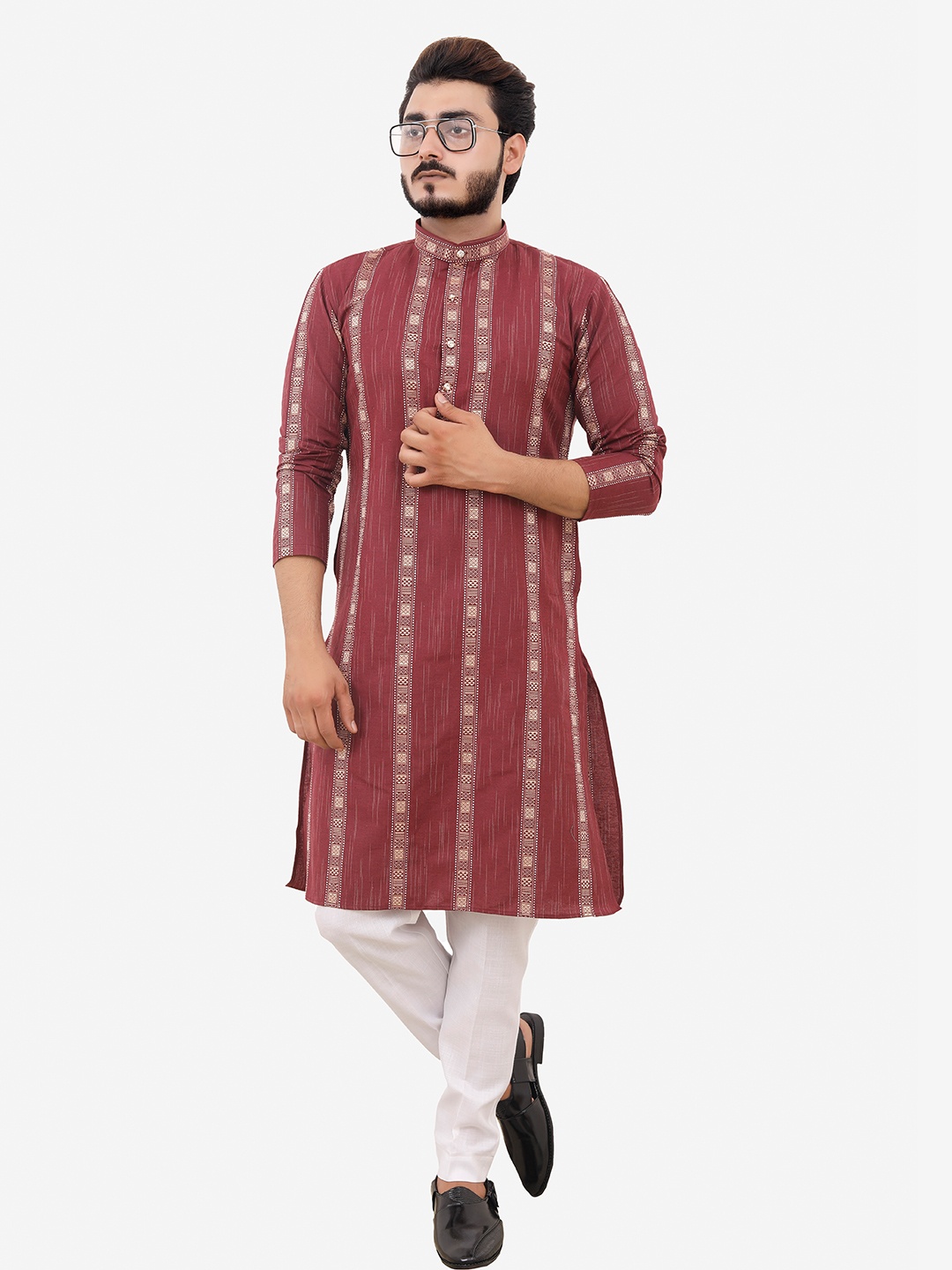 

Tibra Collection Men Maroon Paisley Empire Kurta with Churidar
