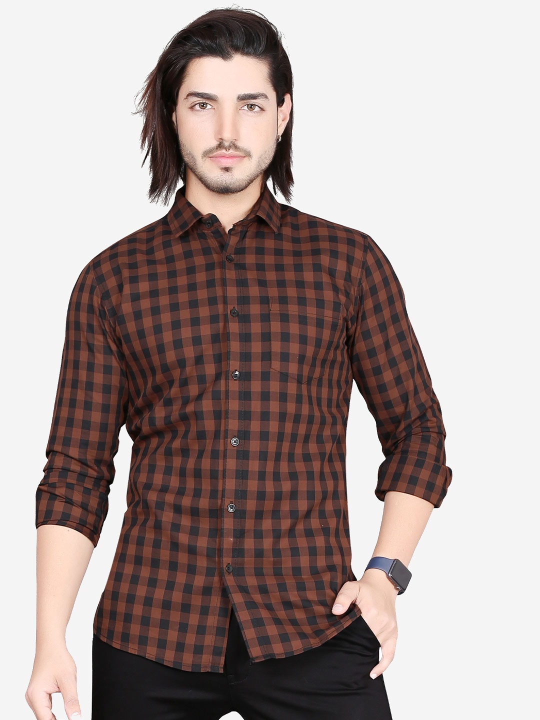 

5TH ANFOLD Men Brown Slim Fit Checked Casual Shirt