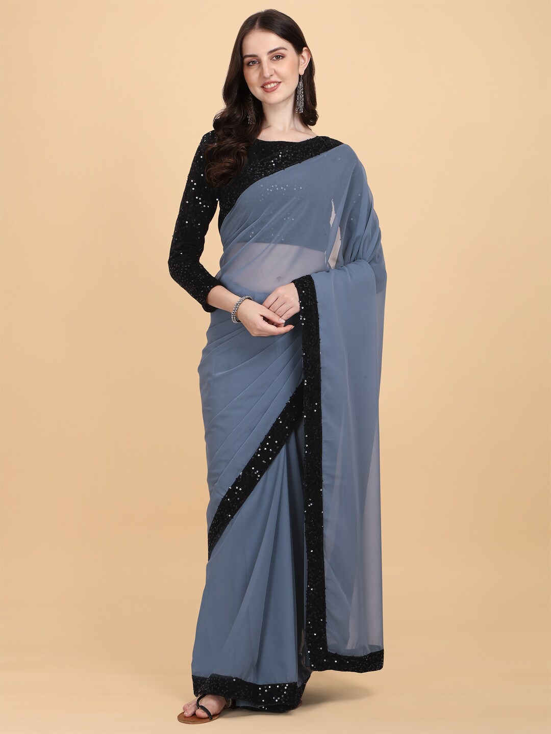 

PMD Fashion Grey & Black Embellished Sequinned Pure Georgette Saree