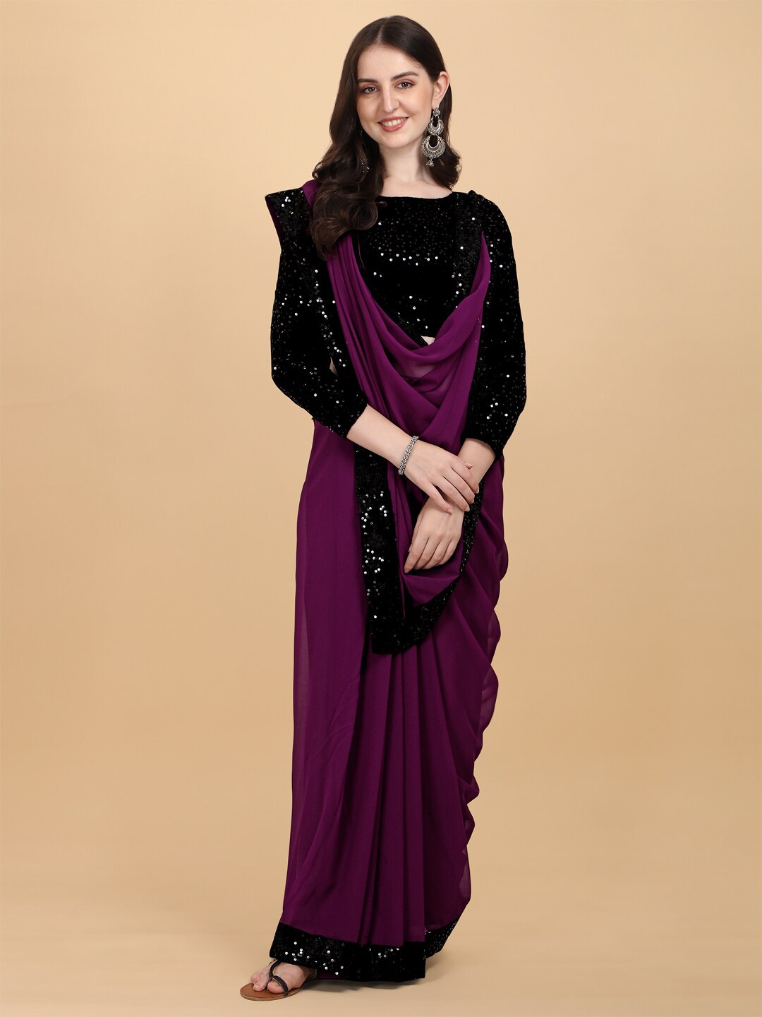 

PMD Fashion Violet & Black Embellished Sequinned Pure Georgette Saree
