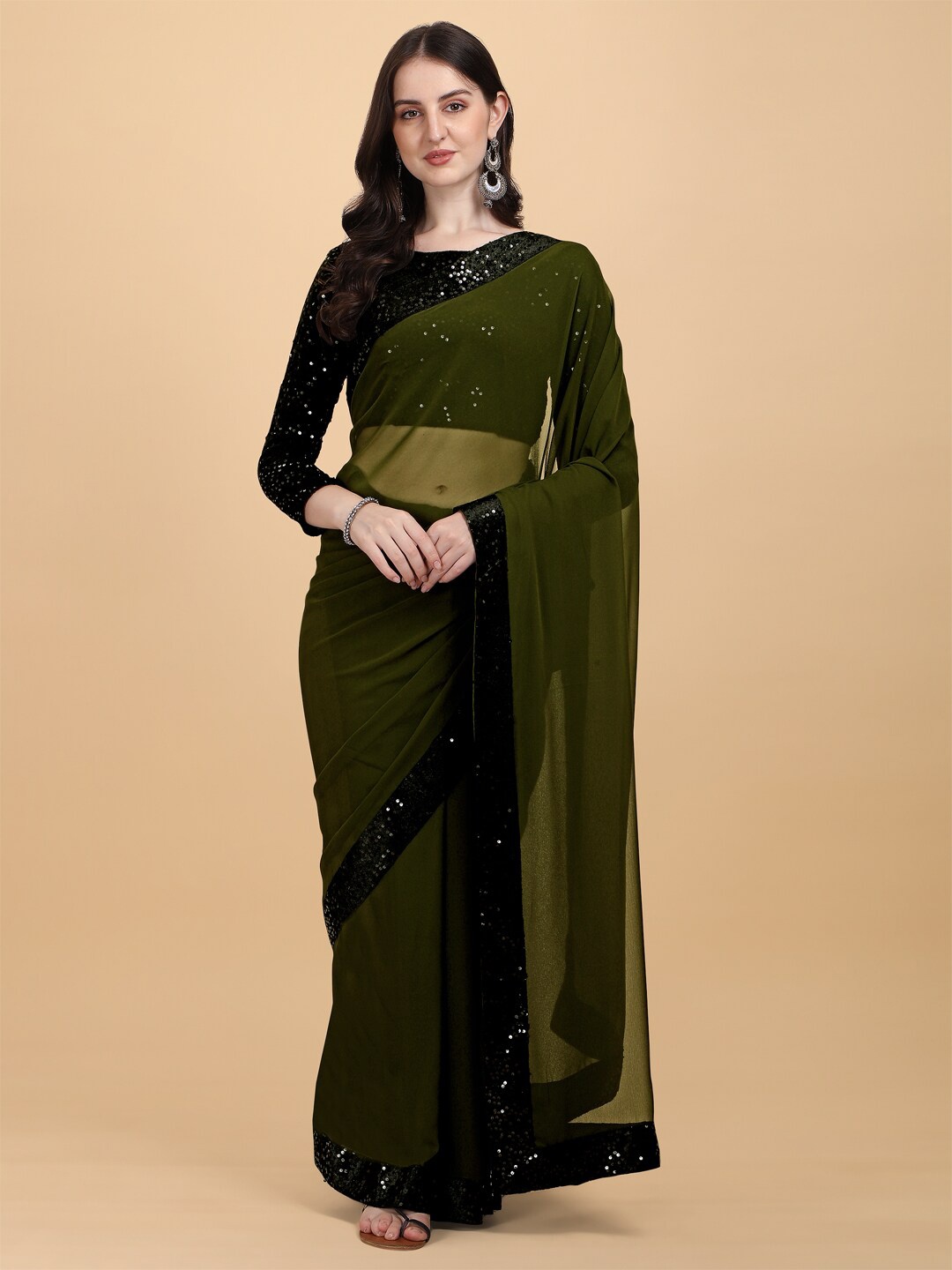 

PMD Fashion Fluorescent Green & Black Embellished Sequinned Pure Georgette Saree