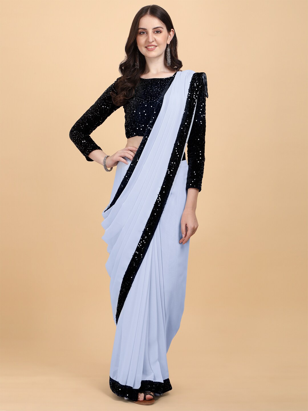 

PMD Fashion Off White & Black Embellished Sequinned Pure Georgette Saree