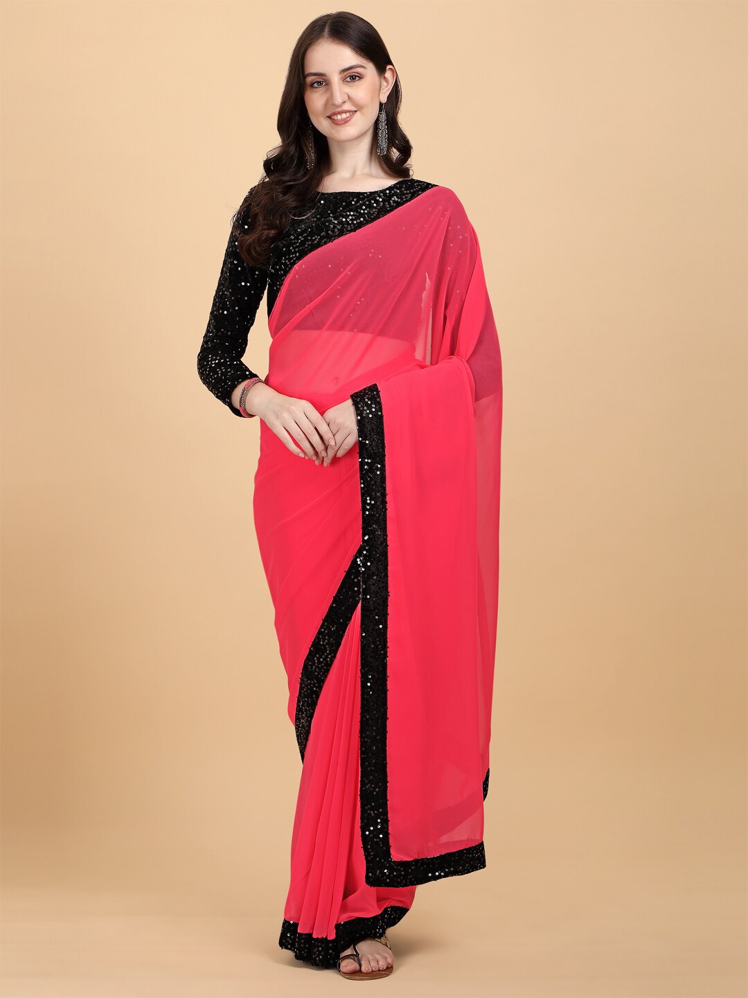 

PMD Fashion Pink & Black Embellished Sequinned Pure Georgette Saree