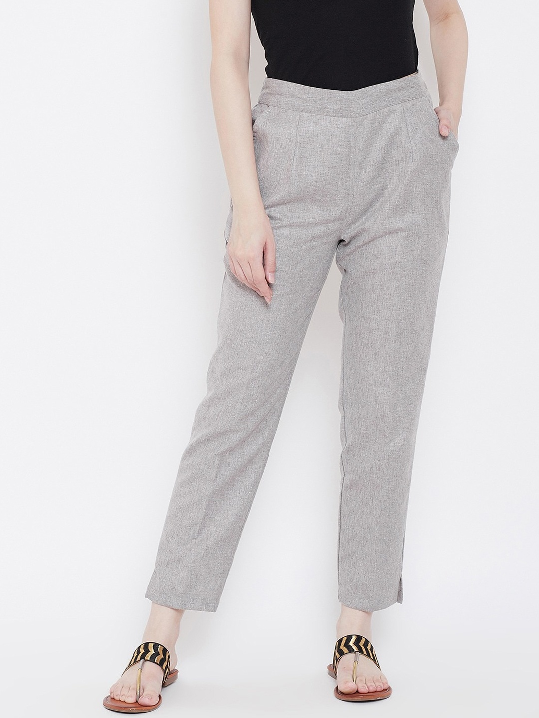 

Be Indi Women Grey Straight Fit Pleated Trousers