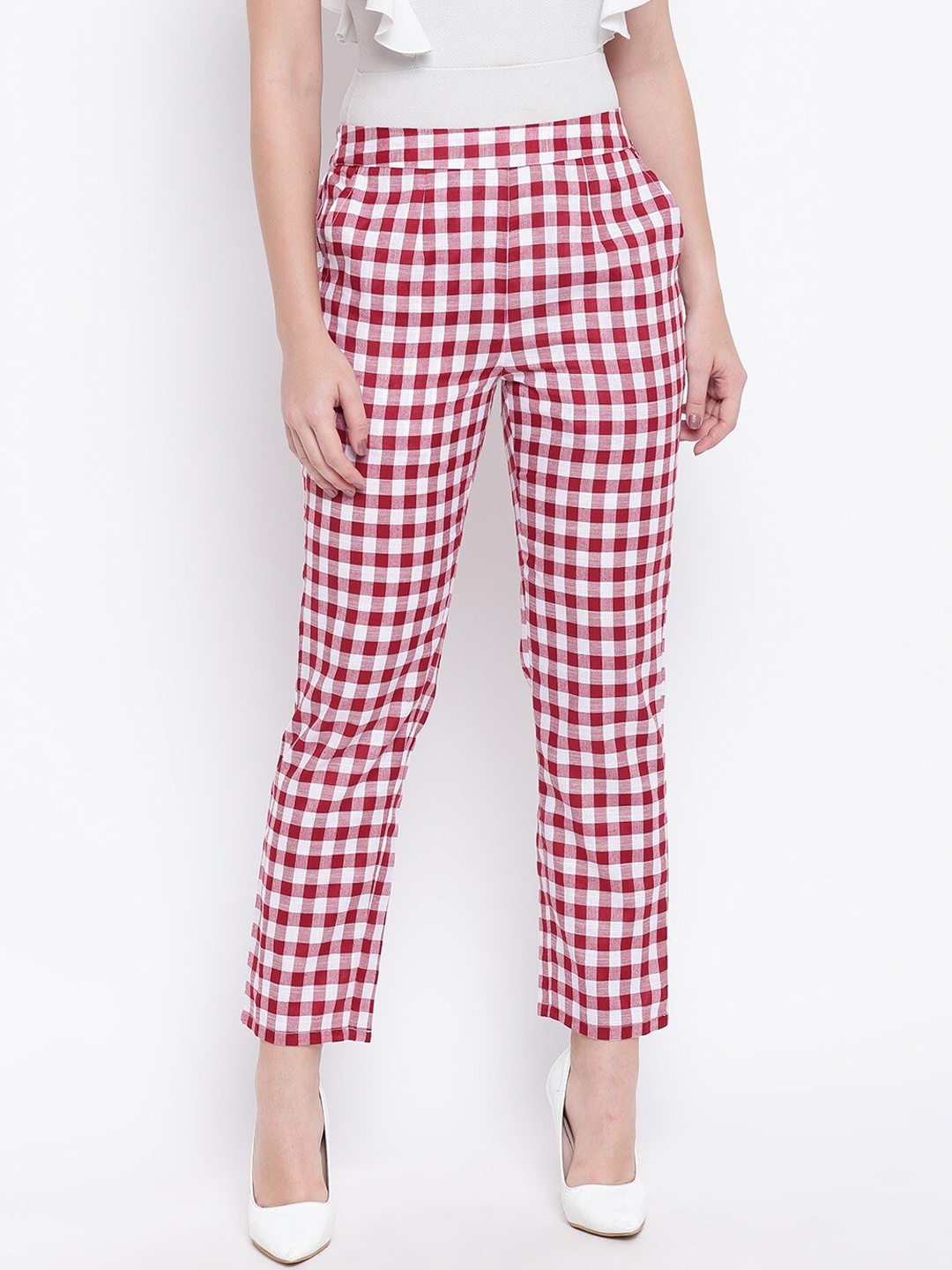 

Be Indi Women Maroon Checked Straight Fit Trousers