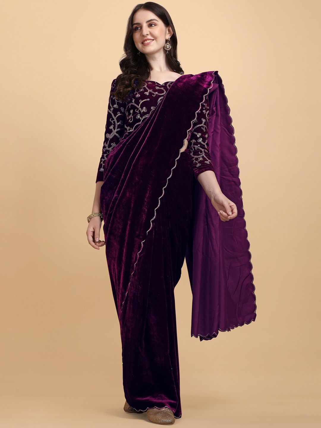 

PMD Fashion Purple Embellished Aari Work Velvet Saree