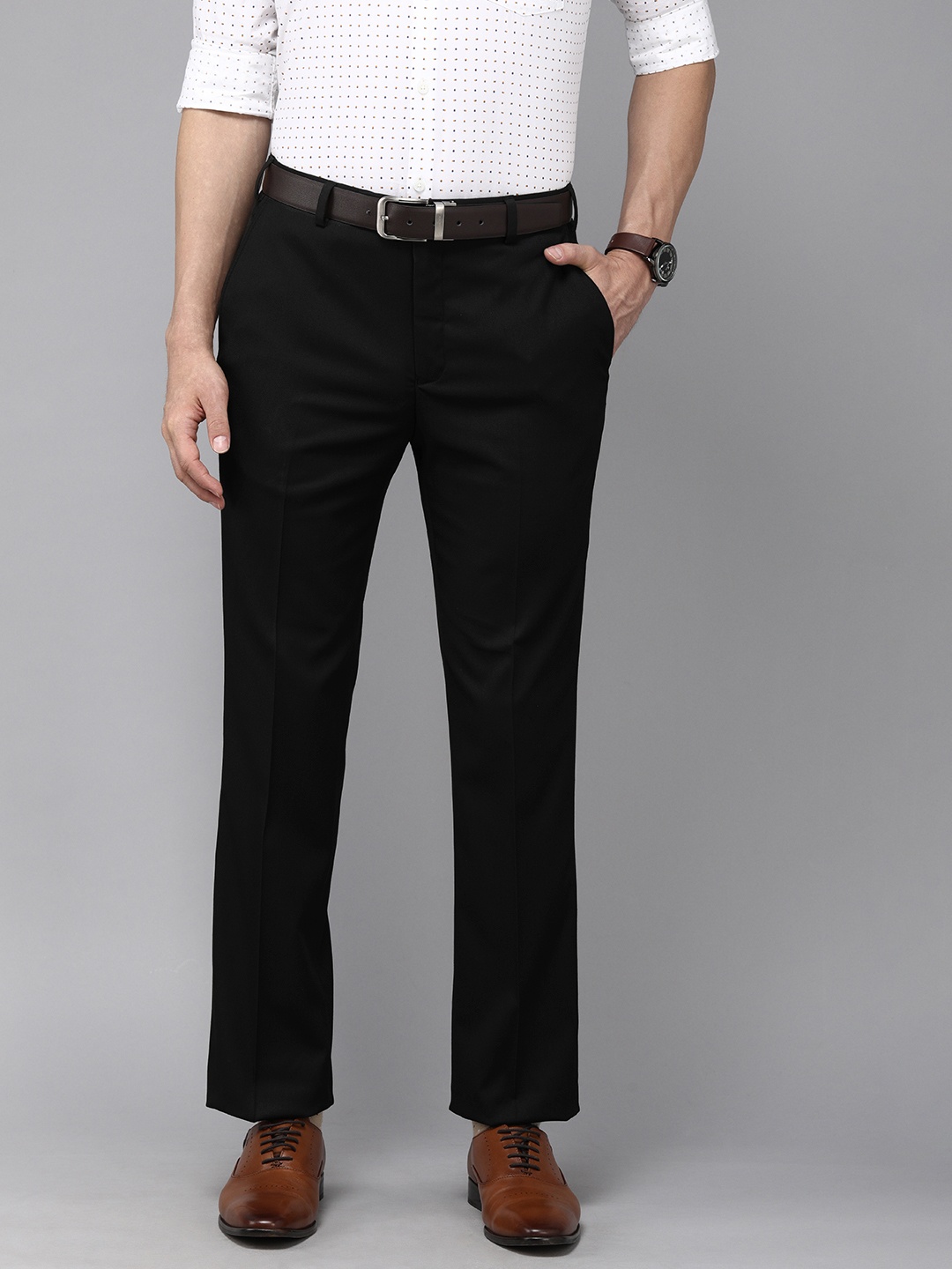 

Park Avenue Men Black Solid Mid Rise Smart Formal Trousers
