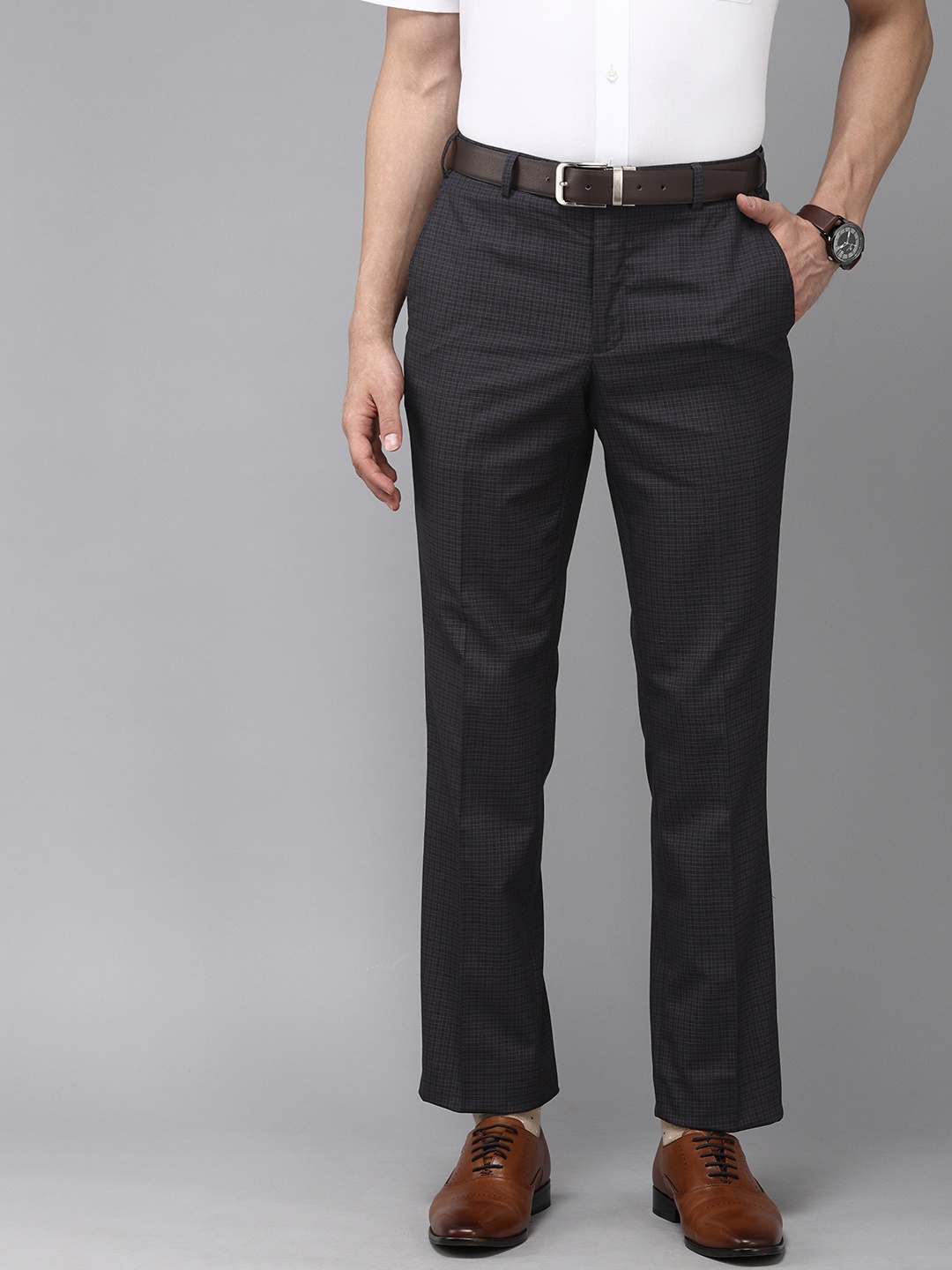 

Park Avenue Men Blue Checked Smart Slim Tapered Fit Low-Rise Formal Trousers