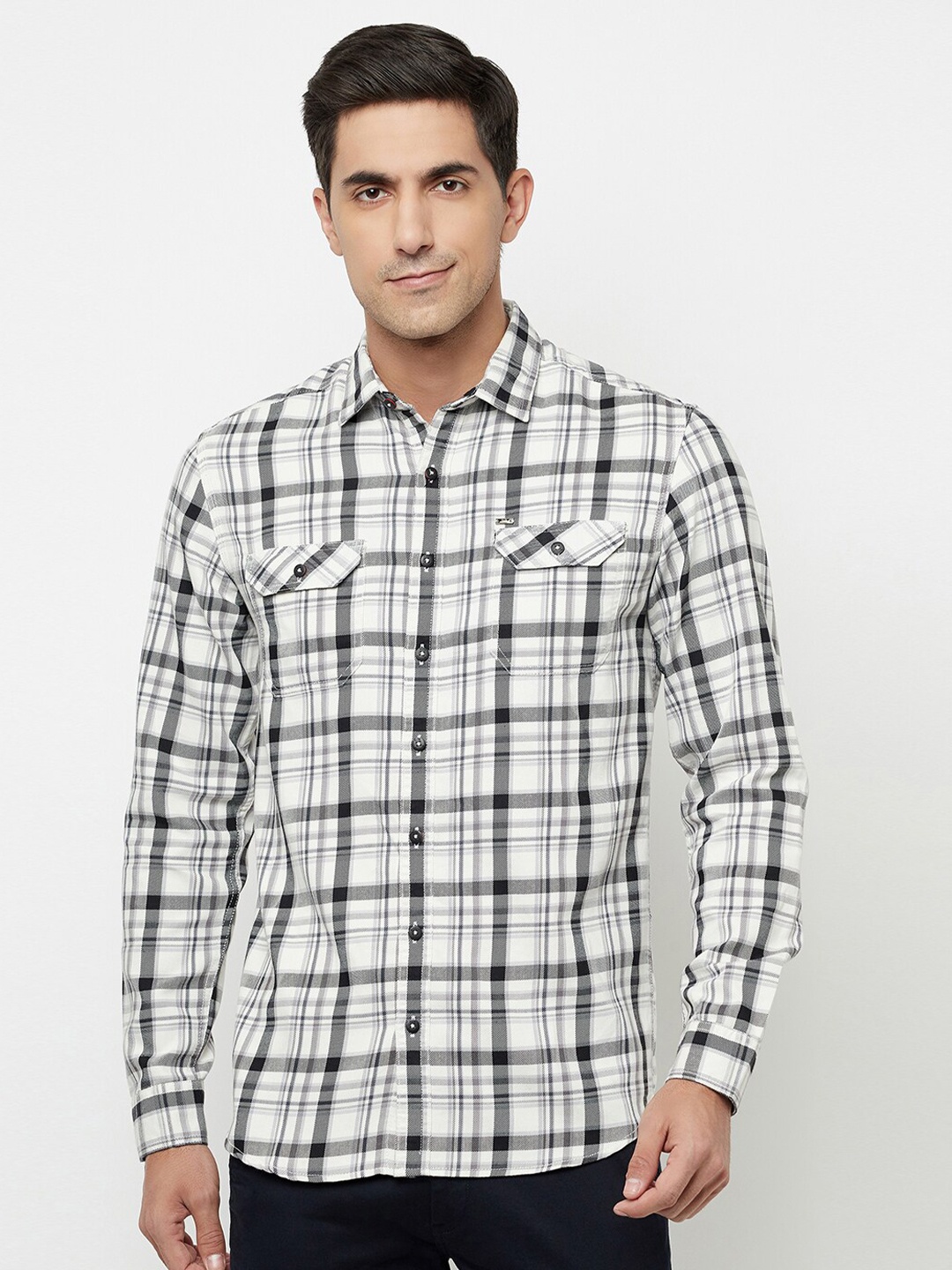 

Blue Buddha Men White Tartan Checks Checked Casual Shirt