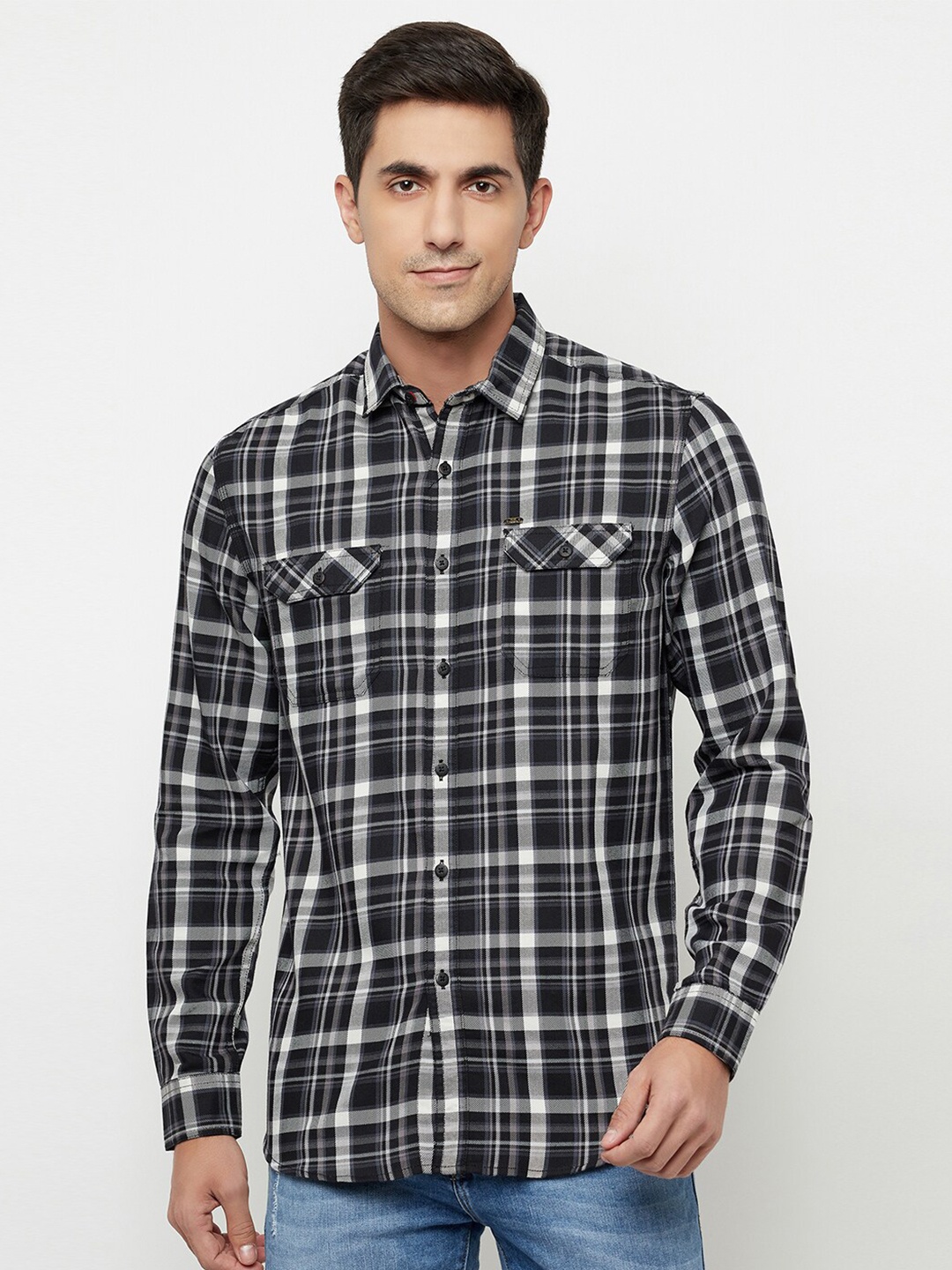 

Blue Buddha Men Black Tartan Checks Checked Casual Shirt