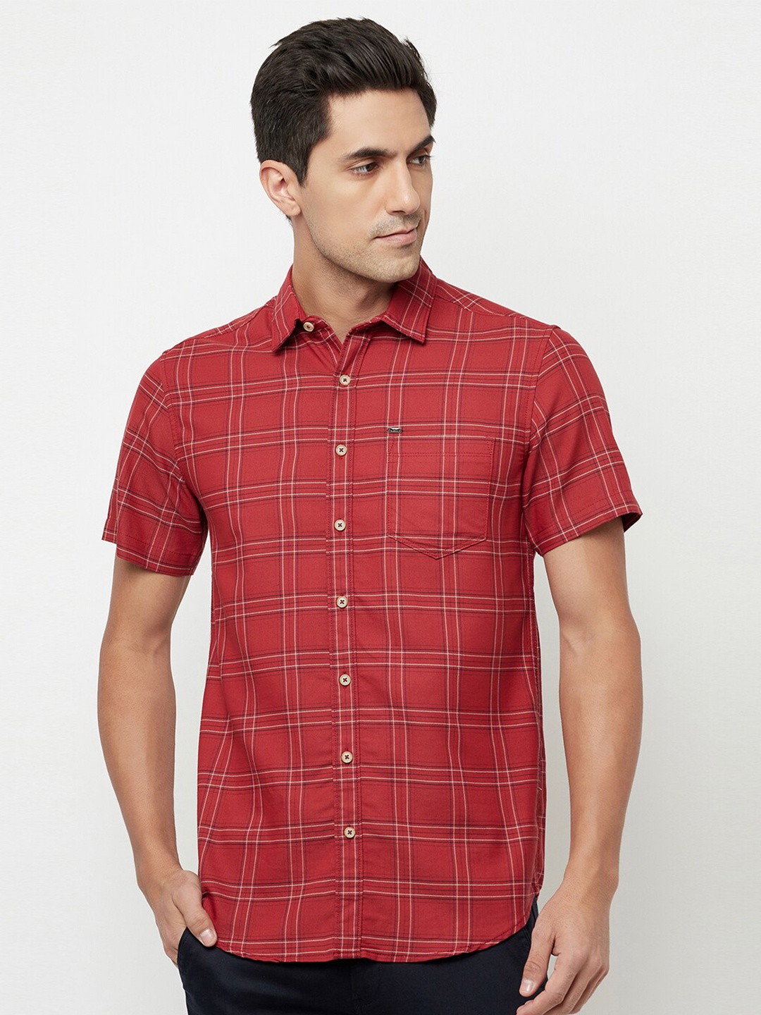 

Blue Buddha Men Red Tartan Checks Checked Casual Shirt