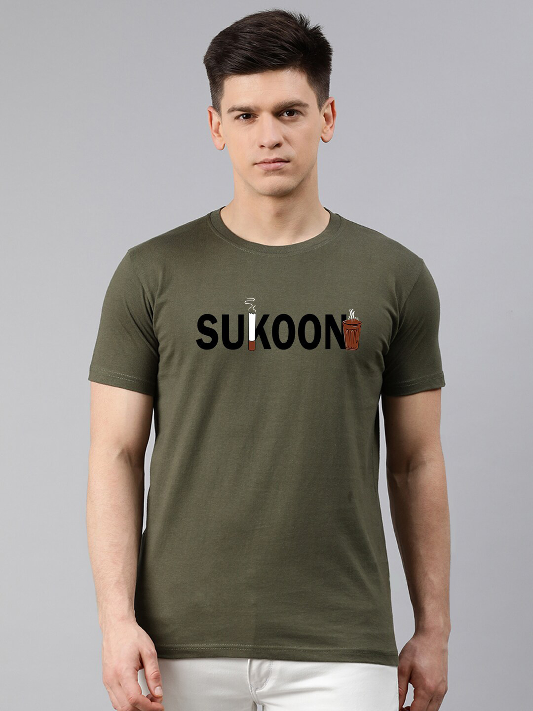 

UNSULLY Men Olive Green Typography Applique T-shirt