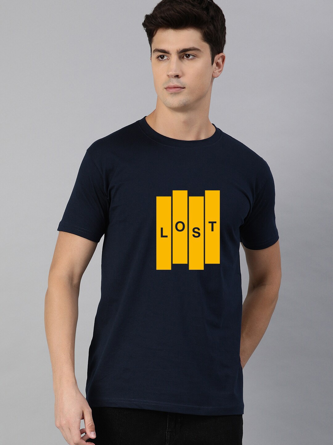 

UNSULLY Men Navy Blue Typography Printed Applique T-shirt