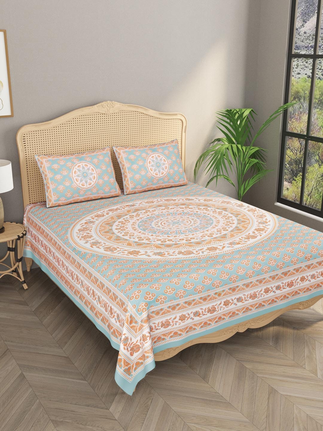 

Gulaab Jaipur Blue & Orange 600 TC Cotton Double King Bedsheet With 2 Pillow Covers