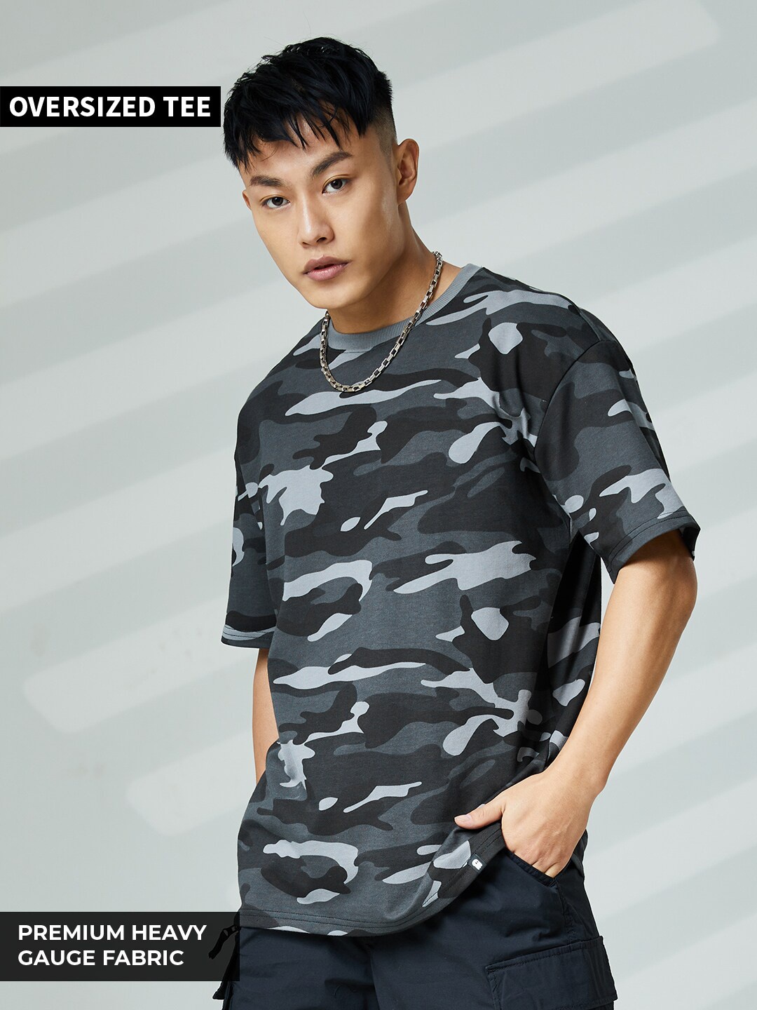 

The Souled Store Men Grey & outer space Camouflage Printed Henley Neck Oversized T-Shirt