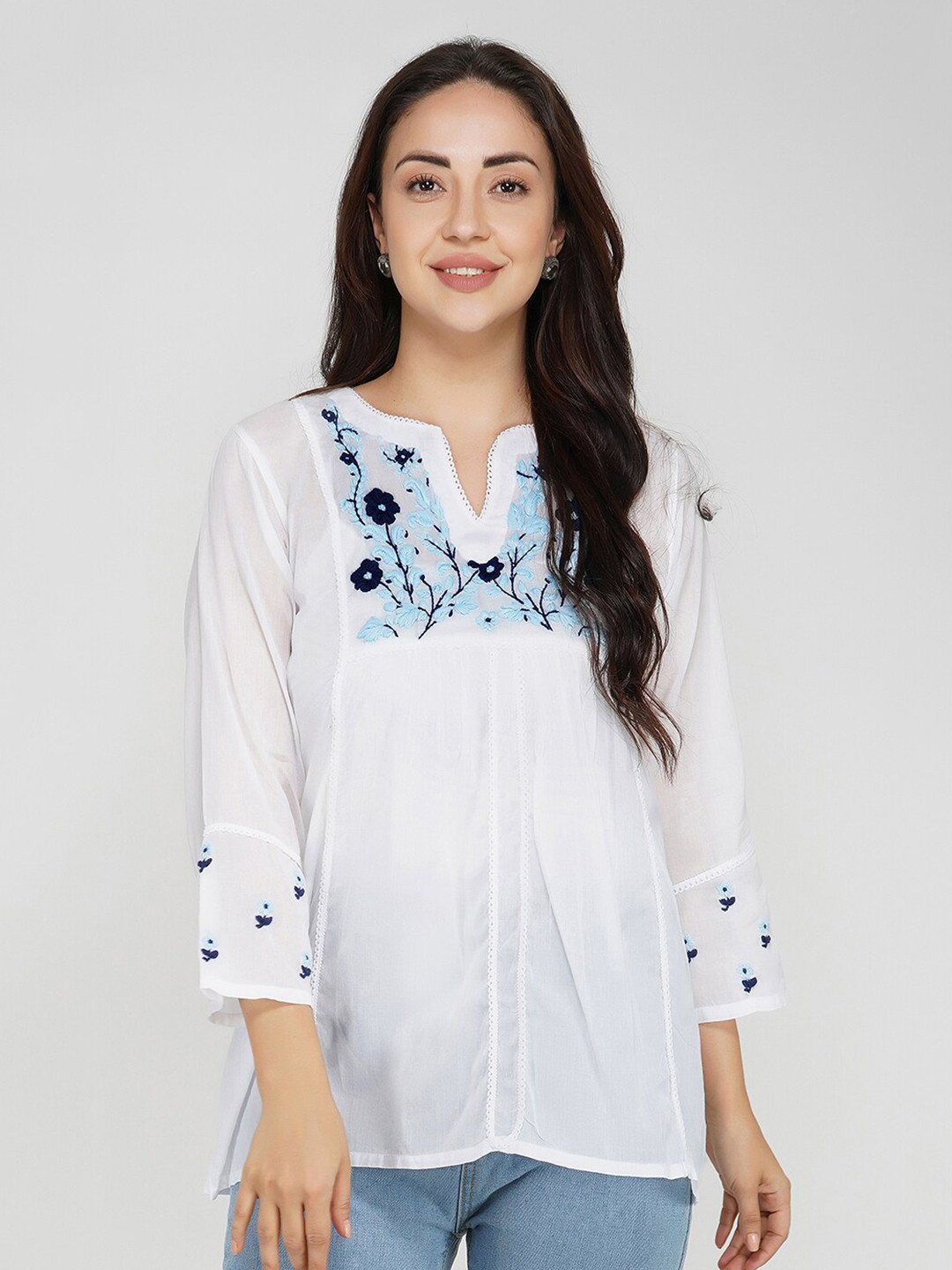 

VAHSON Women Chikankari Hand Embroidered Semi-Sheer Sustainable Pure Cotton Top, White