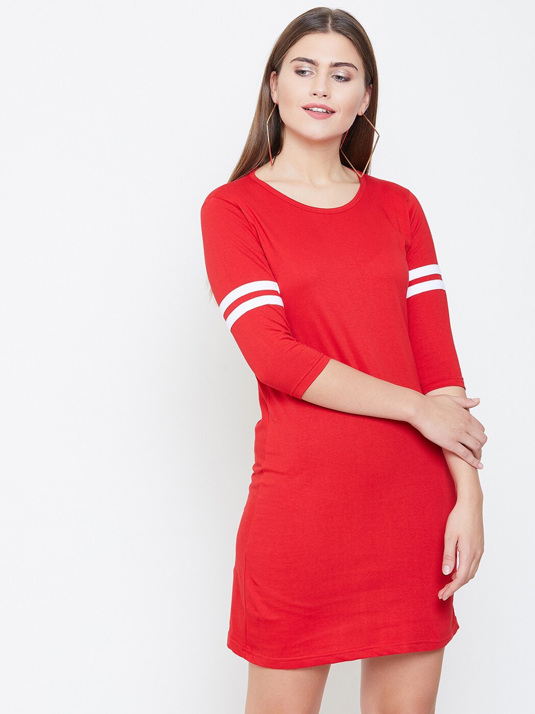 

JHANKHI Red Round Neck Striped T-shirt Dress
