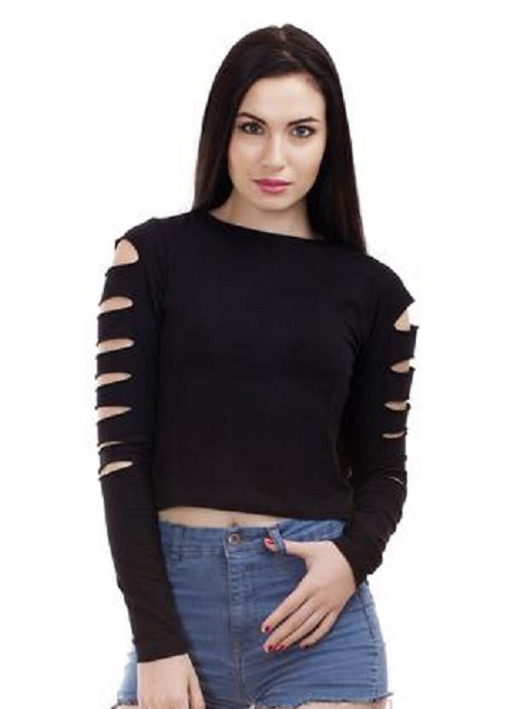 

Dracht Black Monochrome Cut-Out Sleeves Crop Top