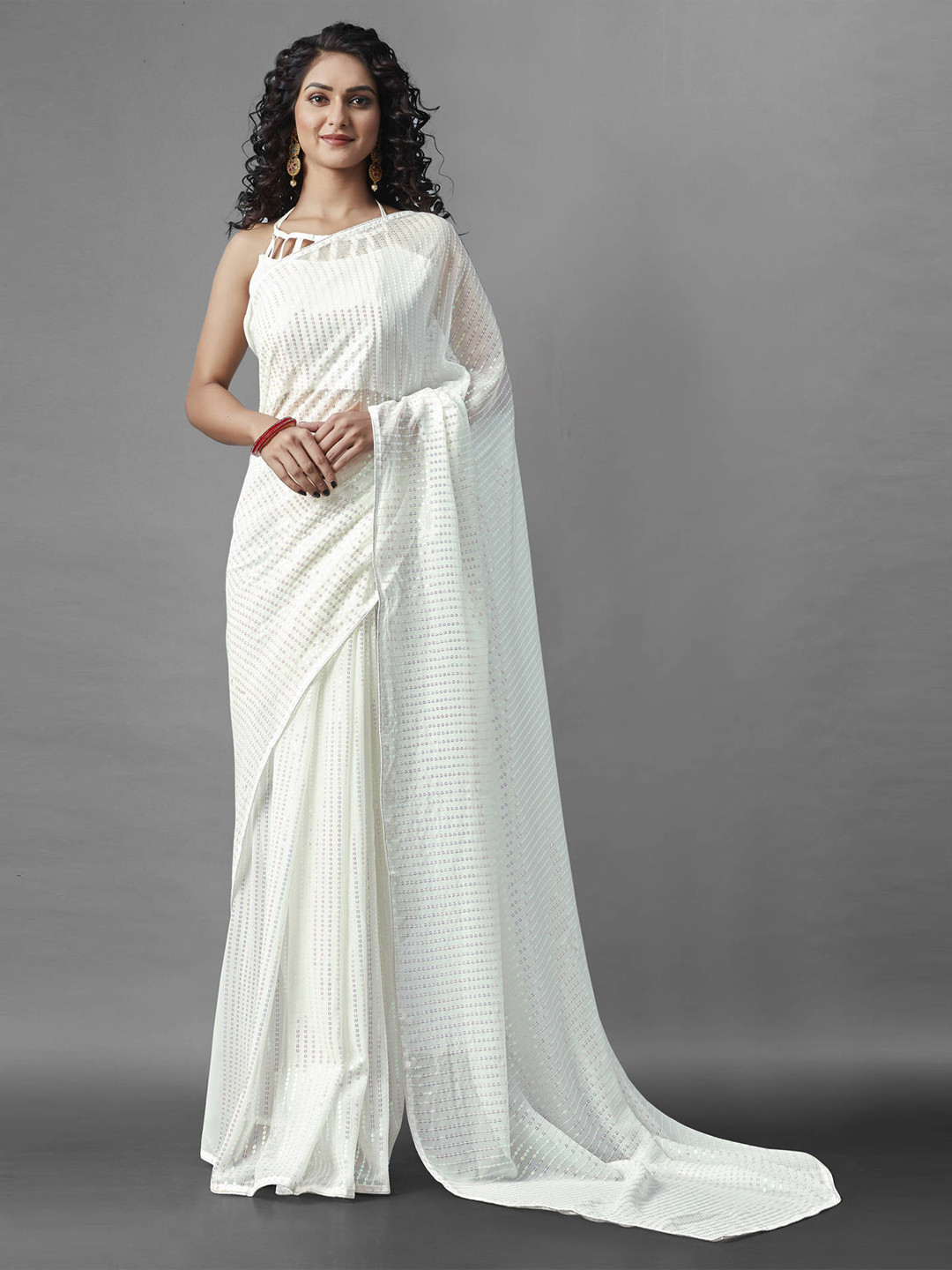 

nirja Fab White Embellished Sequinned Saree