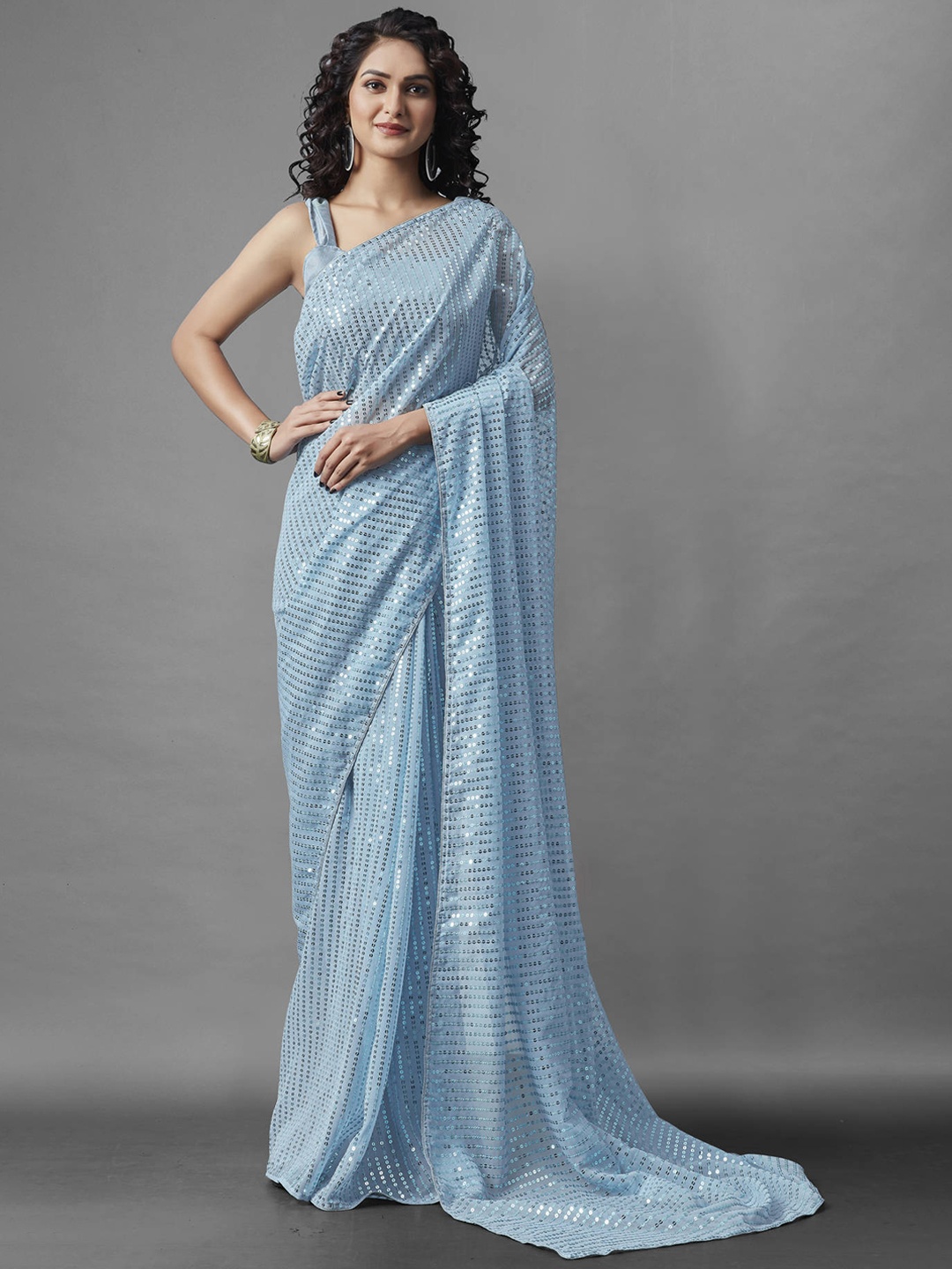 

nirja Fab Turquoise Blue Embellished Sequinned Saree