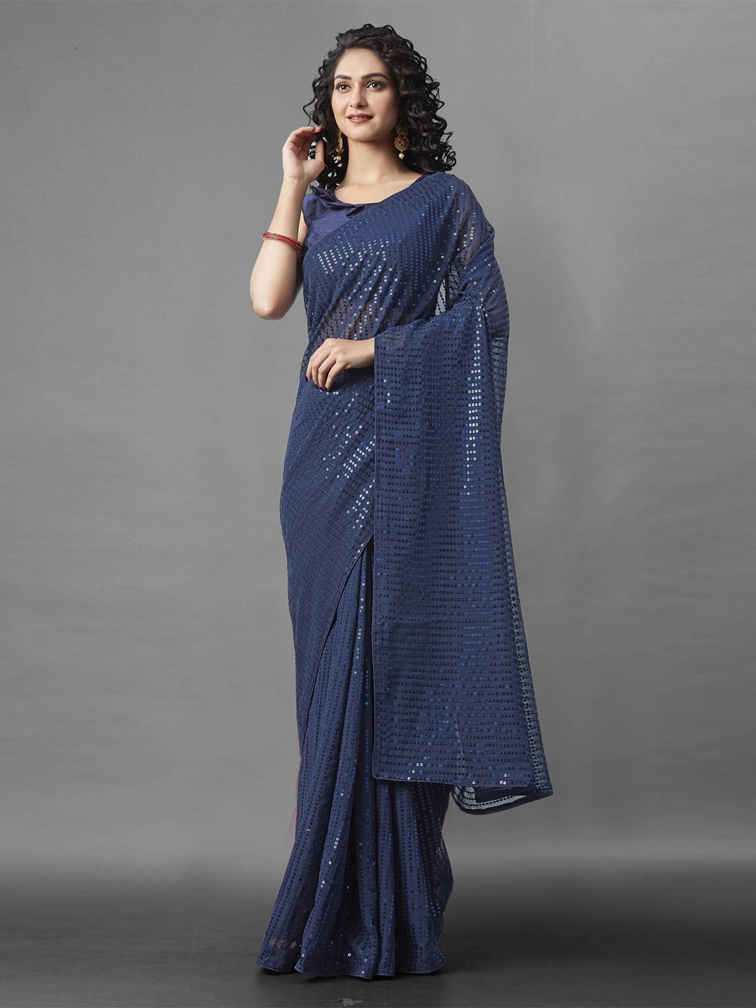 

nirja Fab Navy Blue Embellished Sequinned Saree