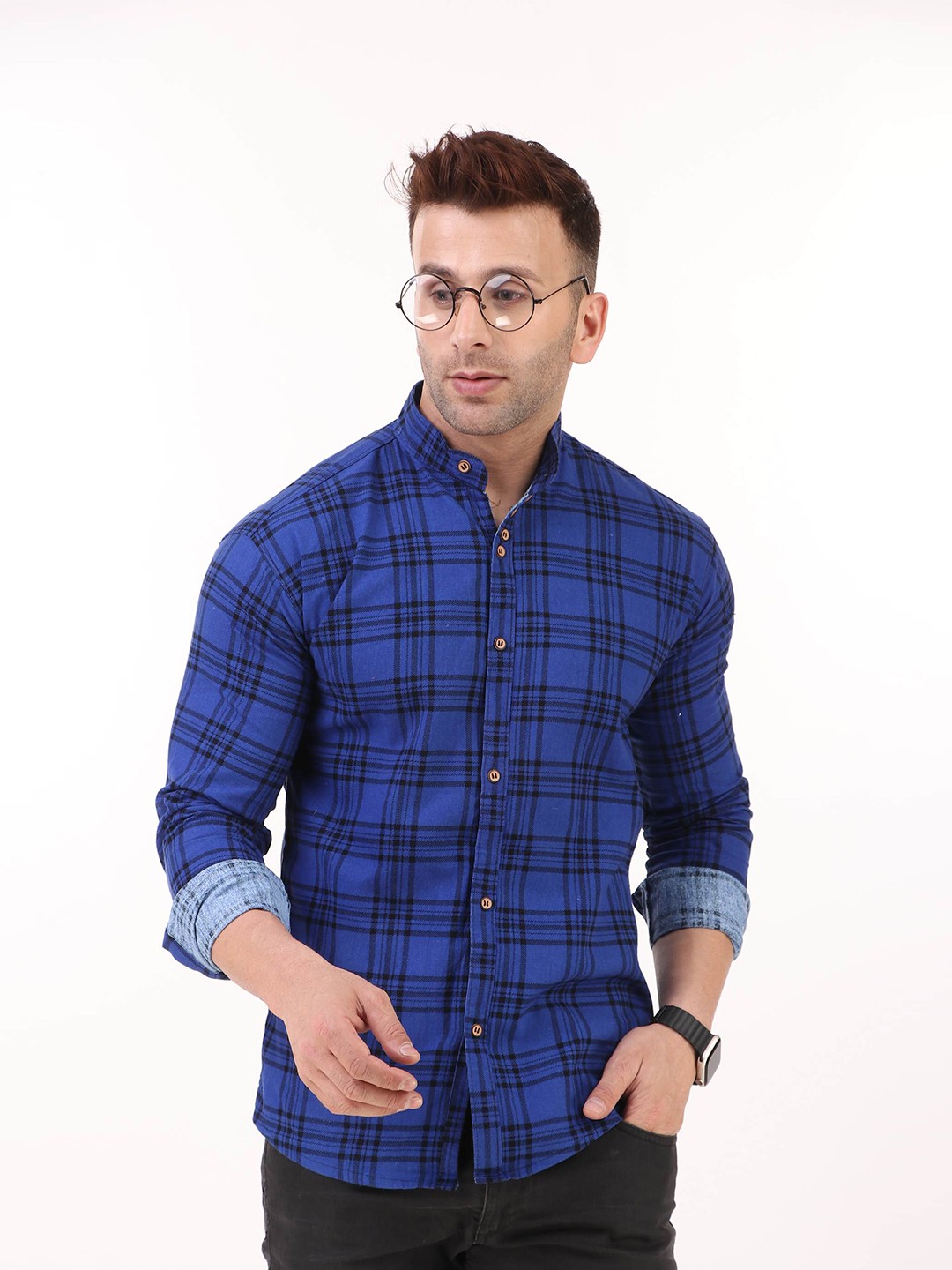 

PLUS 91 Men Navy Blue Standard Tartan Checks Checked Casual Shirt