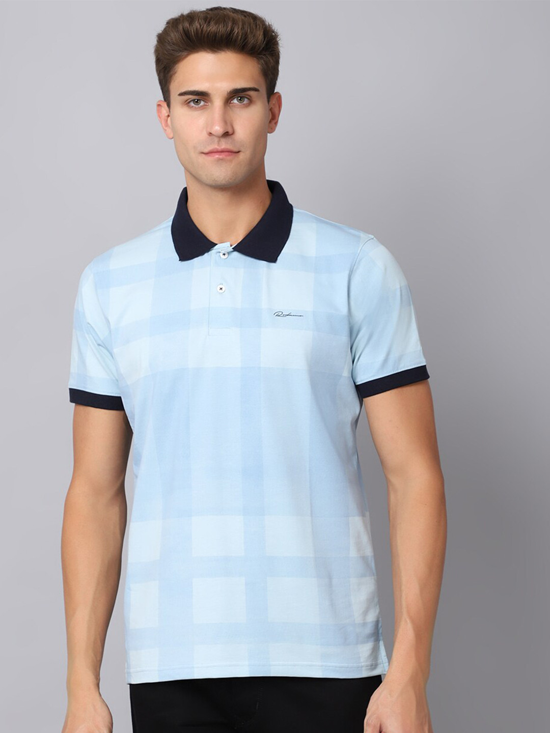 

Rodamo Men Blue & sand Checked Polo Collar Slim Fit T-shirt