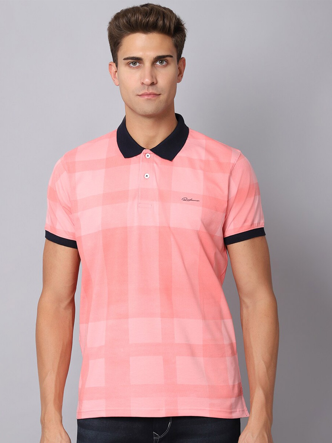 

Rodamo Men Pink & impatiens pink Checked Polo Collar Slim Fit T-shirt