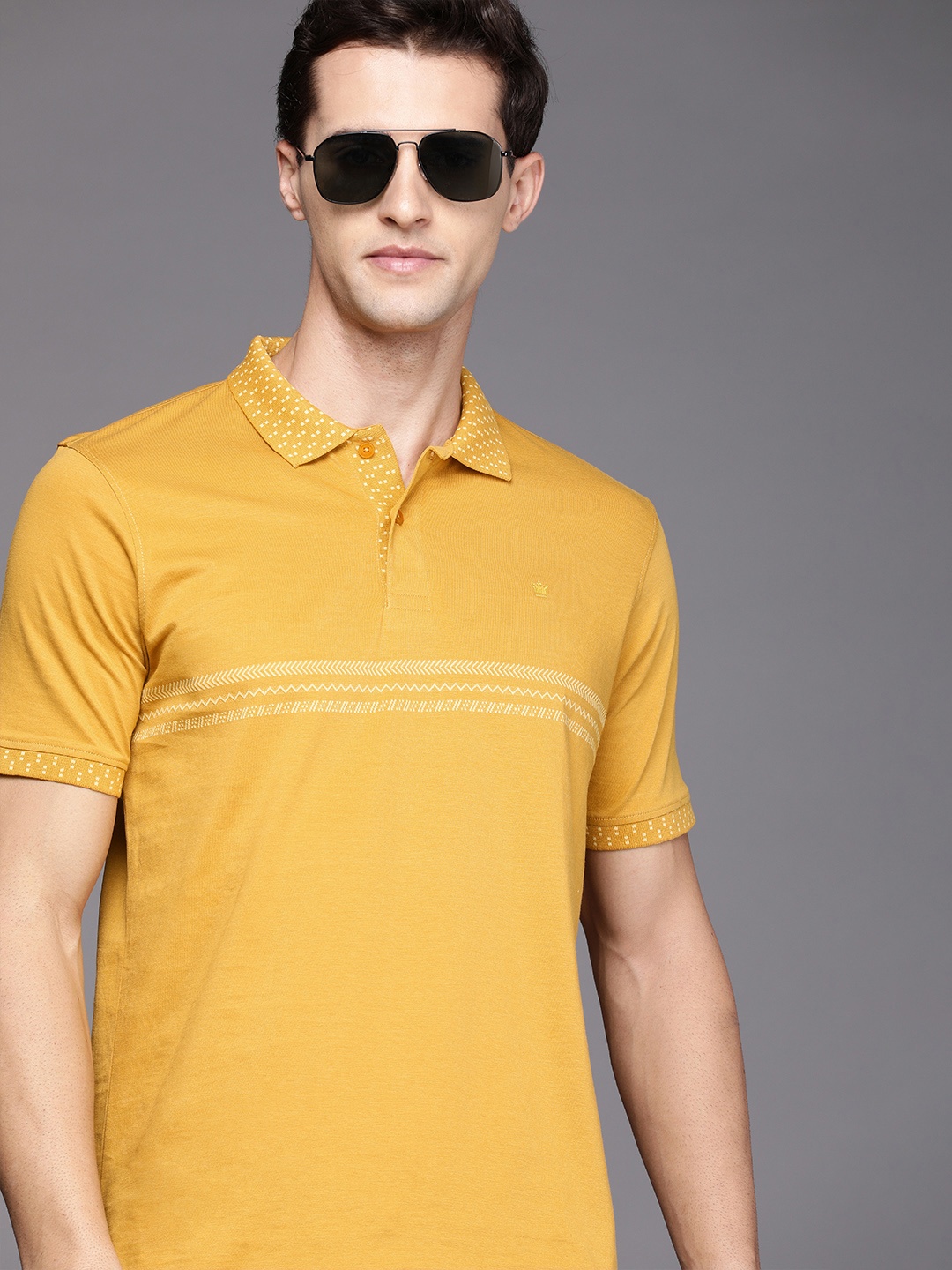 

Louis Philippe Men Yellow & White Striped Polo Collar Pure Cotton T-shirt