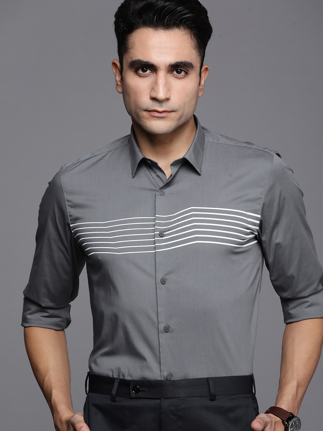 

Louis Philippe Ath Work Men Grey Super Slim Fit Horizontal Stripes Smart Casual Shirt