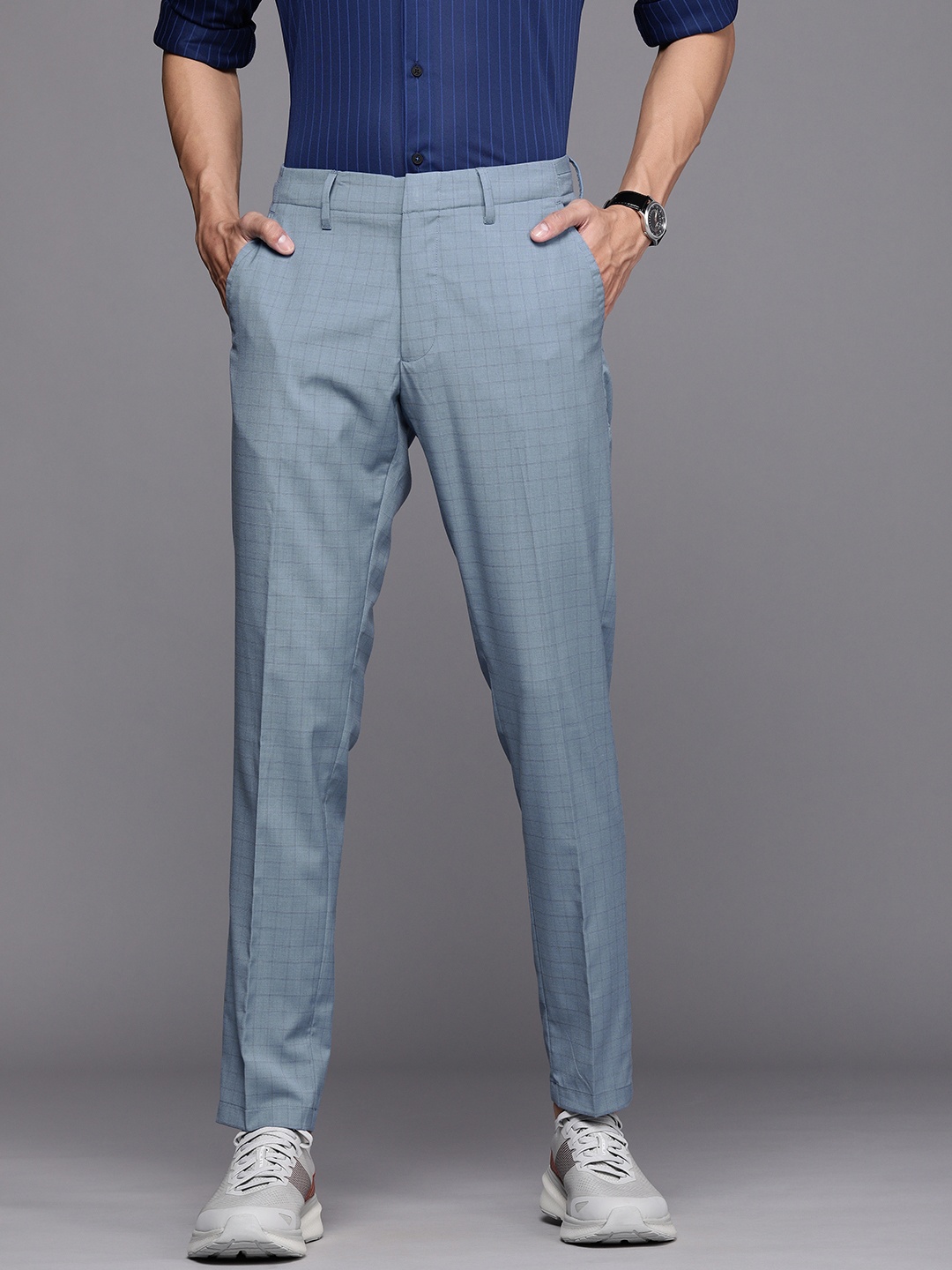 

Louis Philippe Ath.Work Men Blue Checked Tapered Fit Trousers