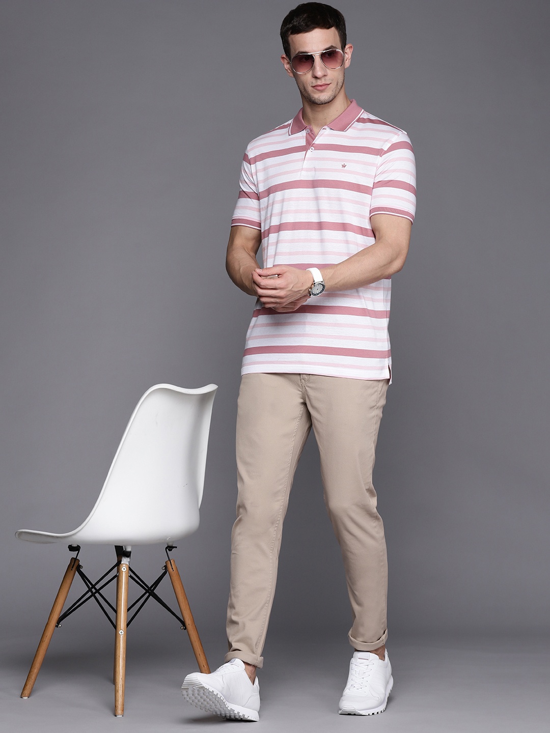 

Louis Philippe Men White & Pink Striped Polo Collar Pure Cotton T-shirt
