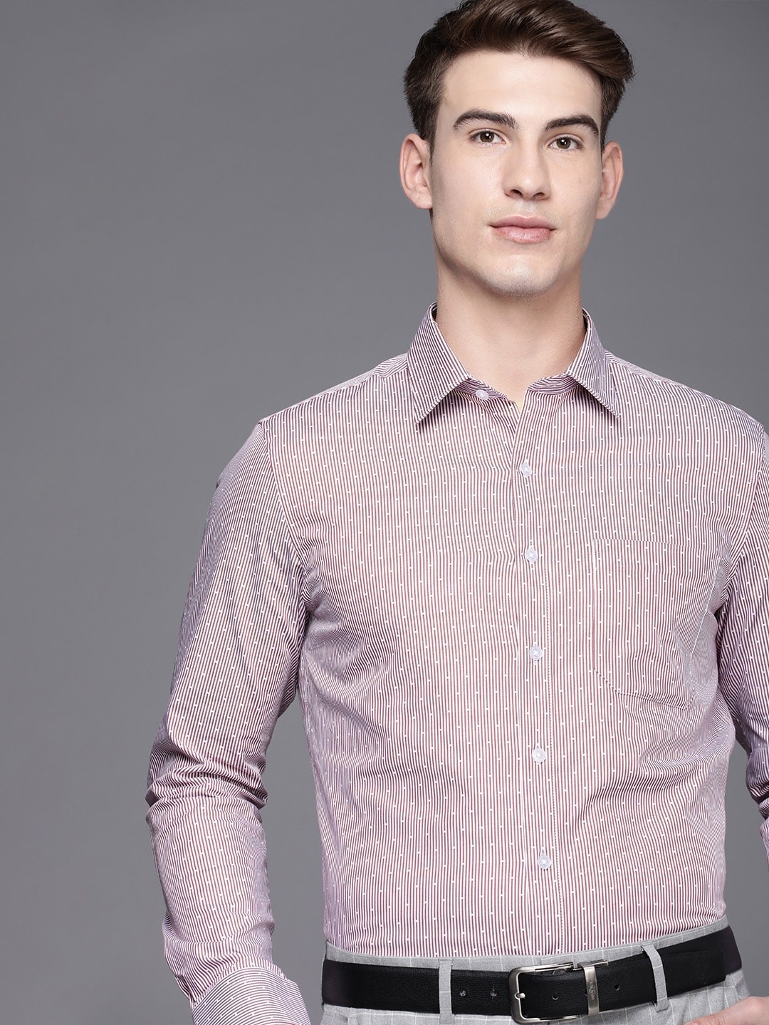 

Louis Philippe Men Red Slim Fit Multi Stripes Striped Pure Cotton Formal Shirt