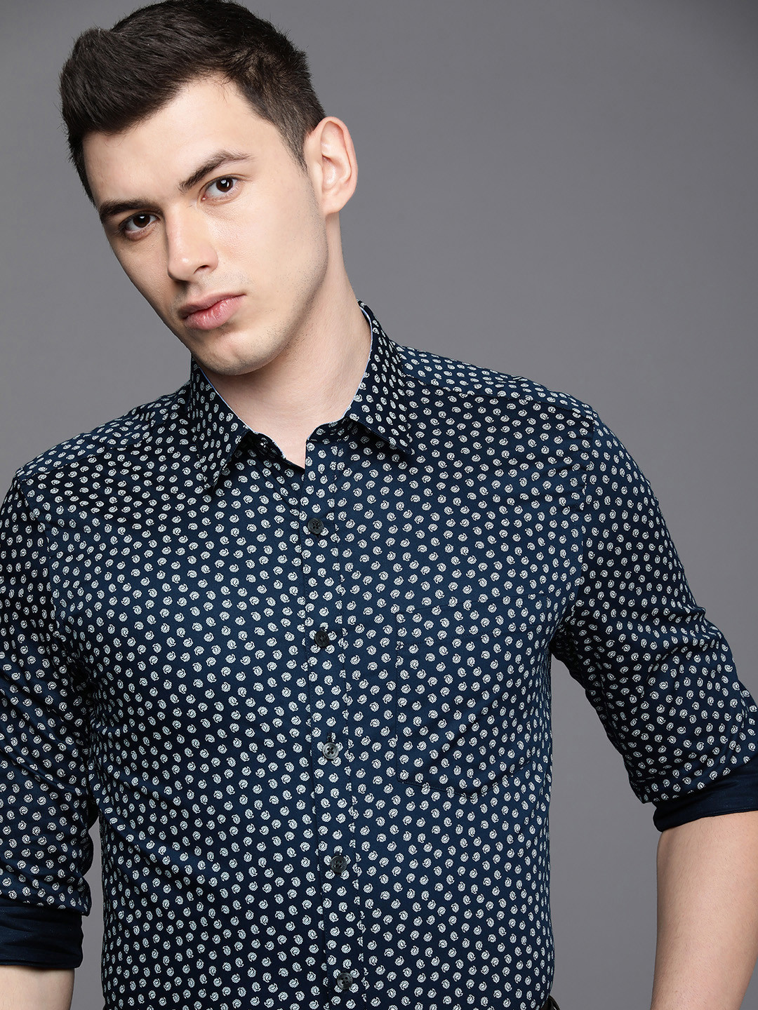 

Louis Philippe Men Navy Blue & White Slim Fit Printed Smart Casual Shirt