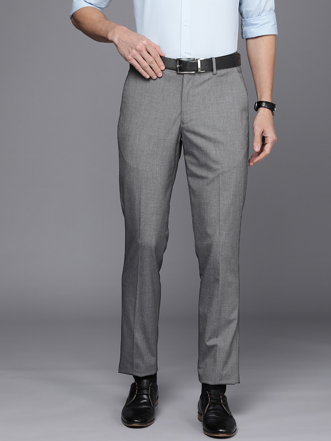 

Louis Philippe Men Grey Textured Slim Fit Trousers